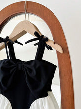 Young Girls' Fashionable Elegant Classic Black Spaghetti Strap Bow Decor Contrast Color Hem Party Dress